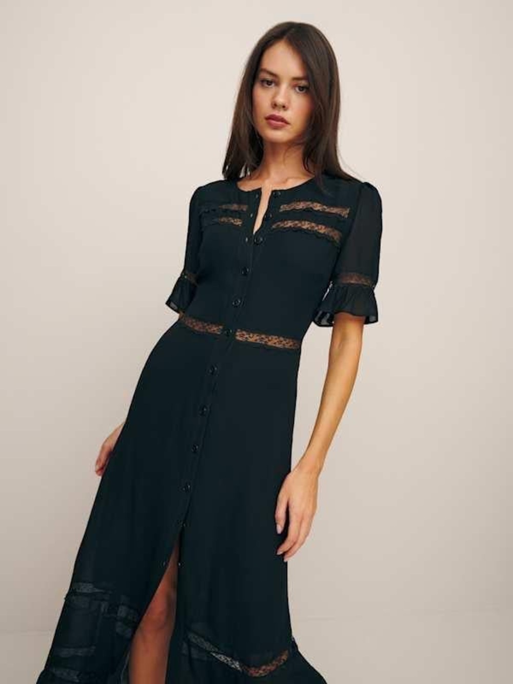 Reformation Black Lace-Trim Button Front Dress - Picture 4 of 9